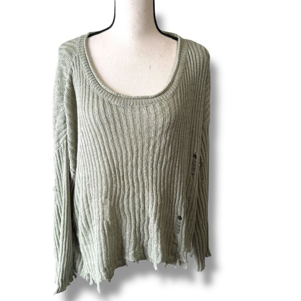 Pol Knit‎ Scoop Neck Distressed Raw Hem Pullover Sweater Green Size Large